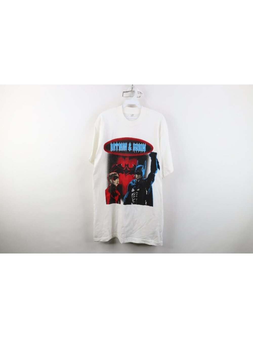 Vintage 90s Mens Large Spell Out Batman & Robin Superhero Movie T-Shirt White